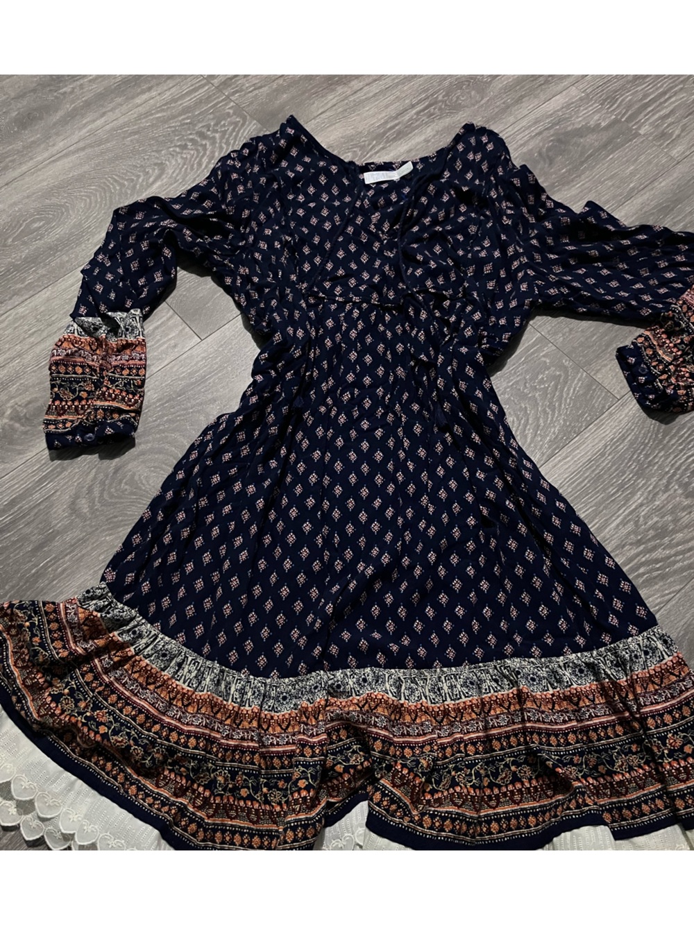 Time and Tru Navy and Rust Patterned Boho Dress